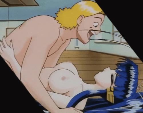 animated, animated gif, screen capture, 1boy, 1girl, blue hair, bouncing breasts