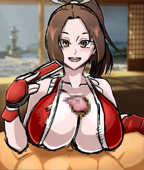 snk, king of fighters, fatal fury, shiranui mai, 1boy, 1girl, between breasts