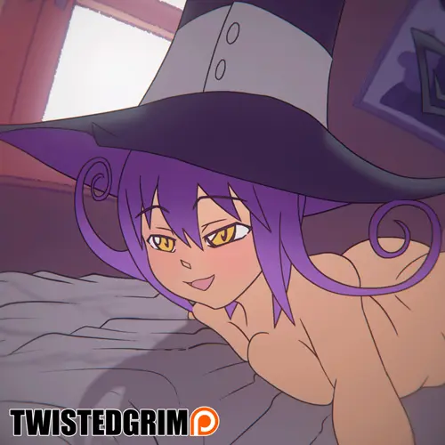 twistedgrim, soul eater, blair (soul eater), 1boy, 1girl, areolae, ass, bed