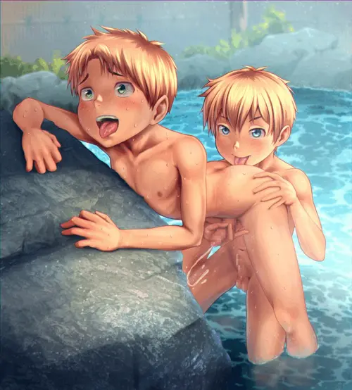 redkeji, 2boys, ahegao, anilingus, arched back, ass, bare ass, blonde hair