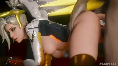 overwatch mercy hentai anime by lazysoba about ass(お尻) exposed_breasts(露出した乳) kneeling(ひざまずく)