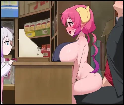 miss kobayashi's dragon maid kanna kamui,ilulu,aida taketo doujin anime by grimgrim,narane about bouncing_breasts(乳揺れ) drooling(よだれをたらしている) pink_hair(ピンクの髪)