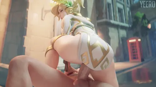 overwatch mercy,winged victory mercy video by yeero about ass(お尻) outdoors(屋外) straddling(またがっている)